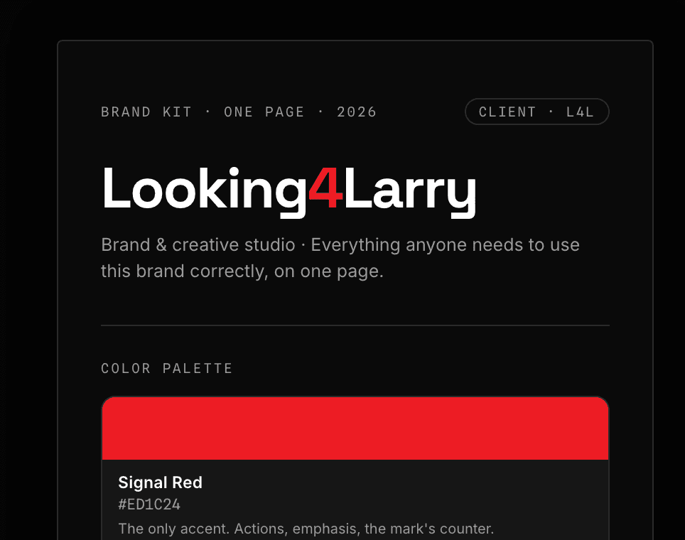 Top of Looking4Larry's one-page brand kit sheet: wordmark and the start of the color palette
